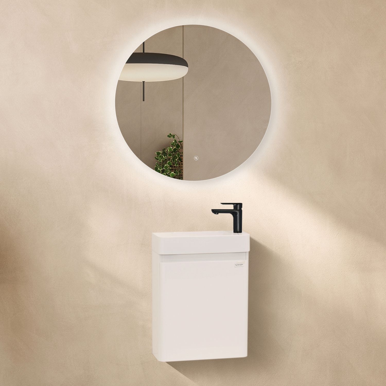 Conjunto Galene Móvel Suspenso de 450cm com Lavatório de Resina Branca Brilhante, MDF Resistente à Água, Porta de Fecho Suave, Compacto e Espelho LED Anti Embaciamento p/ WC Pequeno