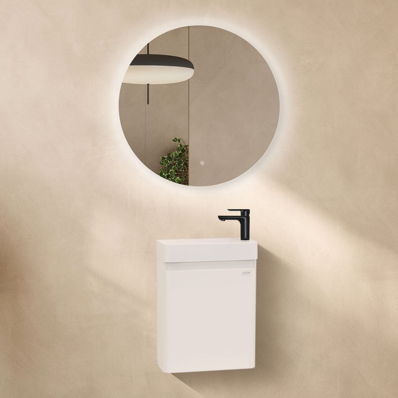 Conjunto Galene Móvel Suspenso de 450cm com Lavatório de Resina Branca Brilhante, MDF Resistente à Água, Porta de Fecho Suave, Compacto e Espelho LED Anti Embaciamento p/ WC Pequeno Conjunto Galene Móvel Suspenso de 450cm com Lavatório de Resina Branca Brilhante, MDF Resistente à Água, Porta de Fecho Suave, Compacto e Espelho LED Anti Embaciamento p/ WC Pequeno