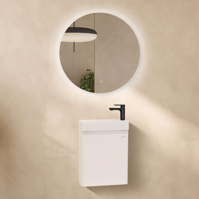 Conjunto Galene Móvel Suspenso de 450cm com Lavatório de Resina Branca Brilhante, MDF Resistente à Água, Porta de Fecho Suave, Compacto e Espelho LED Anti Embaciamento p/ WC Pequeno