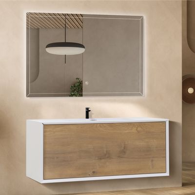 Conjunto Hebe Móvel Suspenso de 90cm com Acabamento de Carvalho, Lavatório em Resina Mate Branca e Espelho LED Anti Embaciamento Conjunto Hebe Móvel Suspenso de 90cm com Acabamento de Carvalho, Lavatório em Resina Mate Branca e Espelho LED Anti Embaciamento