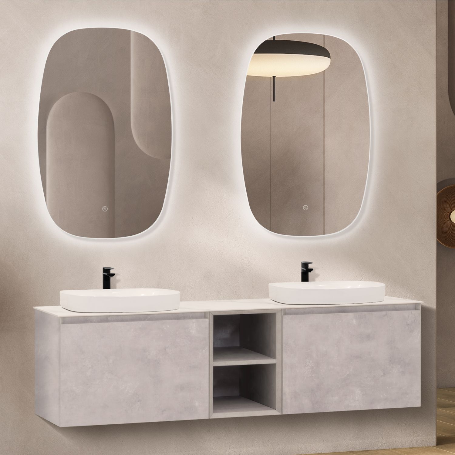 Conjunto Indra Móvel Suspenso de 150cm com Tampo de Porcelana Calacatta, 2 Lavatórios em Cerâmica Branca e 2 Espelhos Ovais LED Anti Embaciamento