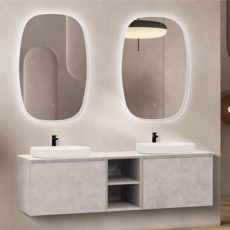 Conjunto Indra Móvel Suspenso de 150cm com Tampo de Porcelana Calacatta, 2 Lavatórios em Cerâmica Branca e 2 Espelhos Ovais LED Anti Embaciamento Conjunto Indra Móvel Suspenso de 150cm com Tampo de Porcelana Calacatta, 2 Lavatórios em Cerâmica Branca e 2 Espelhos Ovais LED Anti Embaciamento