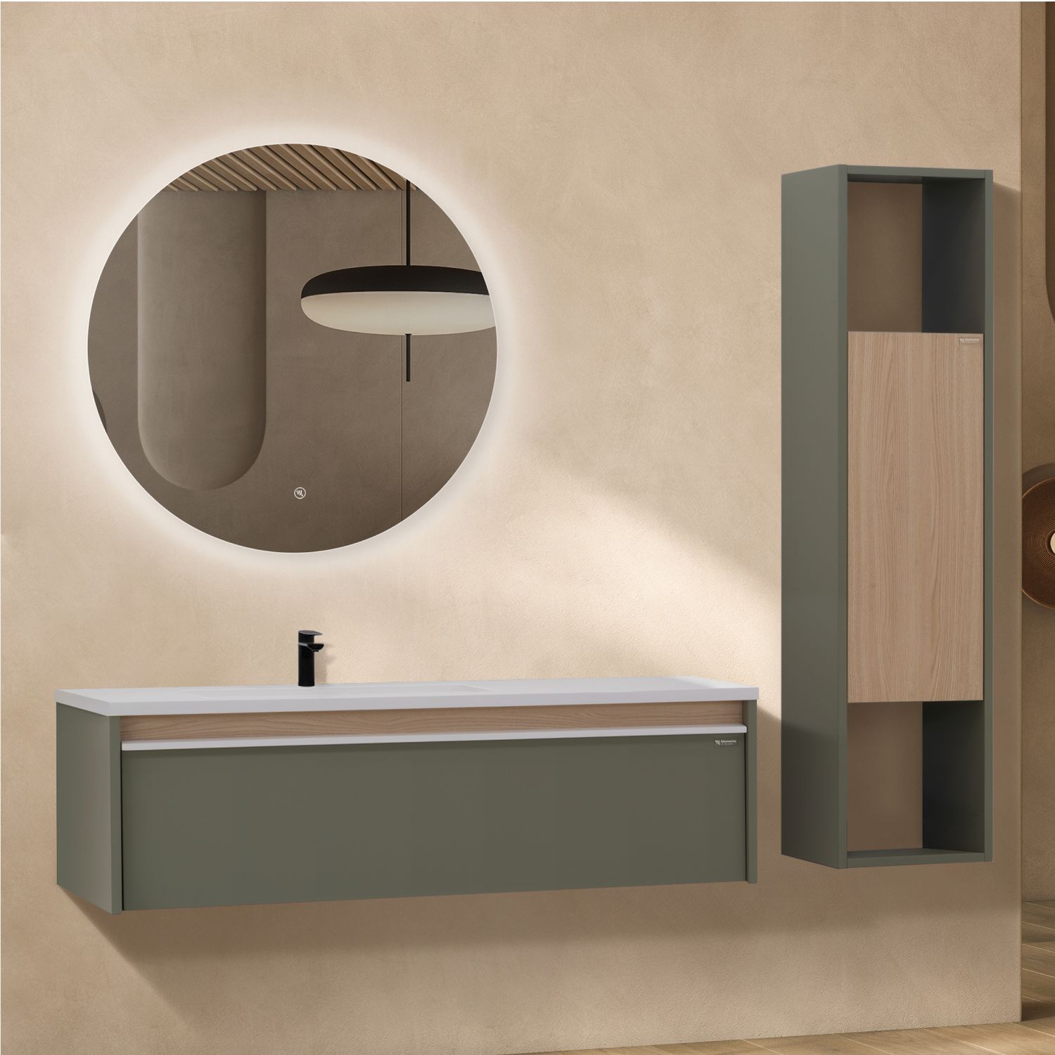 Conjunto Nereia Móvel de Casa de Banho Suspenso 120cm com Lavatório de Resina Mineral, Coluna Lateral Suspensa para Arrumação e Espelho Anti Vácuo