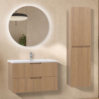 Conjunto Tália Móvel de Casa de Banho Suspenso com Lavatório de Resina Mineral, Coluna Alta Suspensa para Arrumação e Espelho Conjunto Tália Móvel de Casa de Banho Suspenso com Lavatório de Resina Mineral, Coluna Alta Suspensa para Arrumação e Espelho