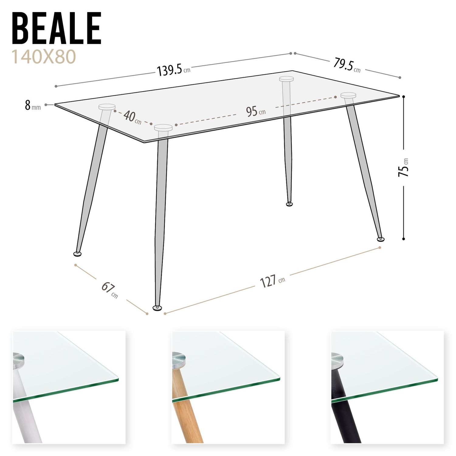 Mesa de Jantar BEALE [140 e 160 cm] | Tampo: Transparente | Pernas: Efeito Madeira, Tamanho: 140x80 cm