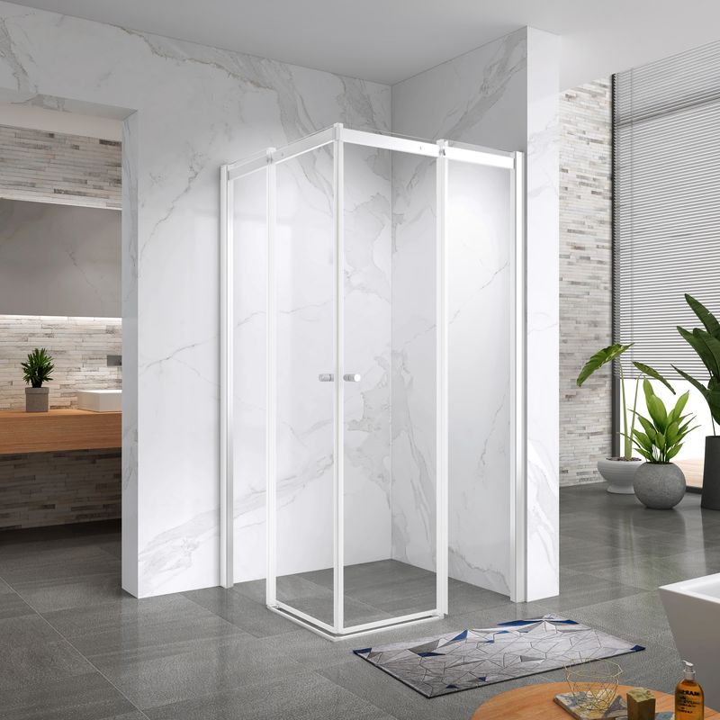 KAYLEE - Cabine de Duche com Porta Deslizante (80-100 cm x 195 cm) com Vidro Transparente 6mm - Entrada de Canto, Porta de Correr e Perfis Brancos KAYLEE - Cabine de Duche com Porta Deslizante (80-100 cm x 195 cm) com Vidro Transparente 6mm - Entrada de Canto, Porta de Correr e Perfis Brancos