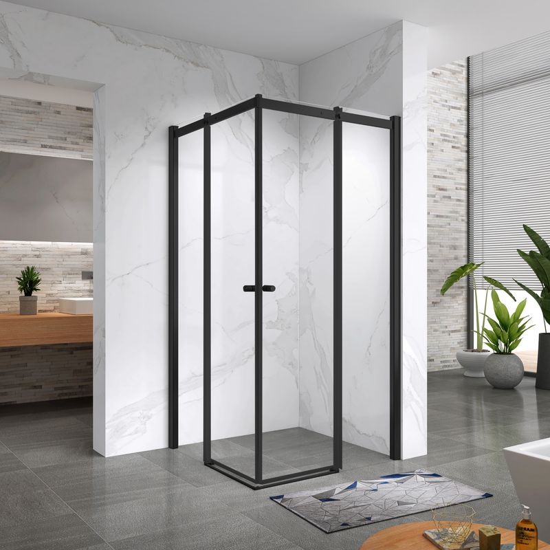 KAYLEE - Cabine de Duche com Porta Deslizante (80-160 cm x 195 cm) com Vidro Transparente 6mm - Entrada de Canto, Porta de Correr e Perfis Pretos