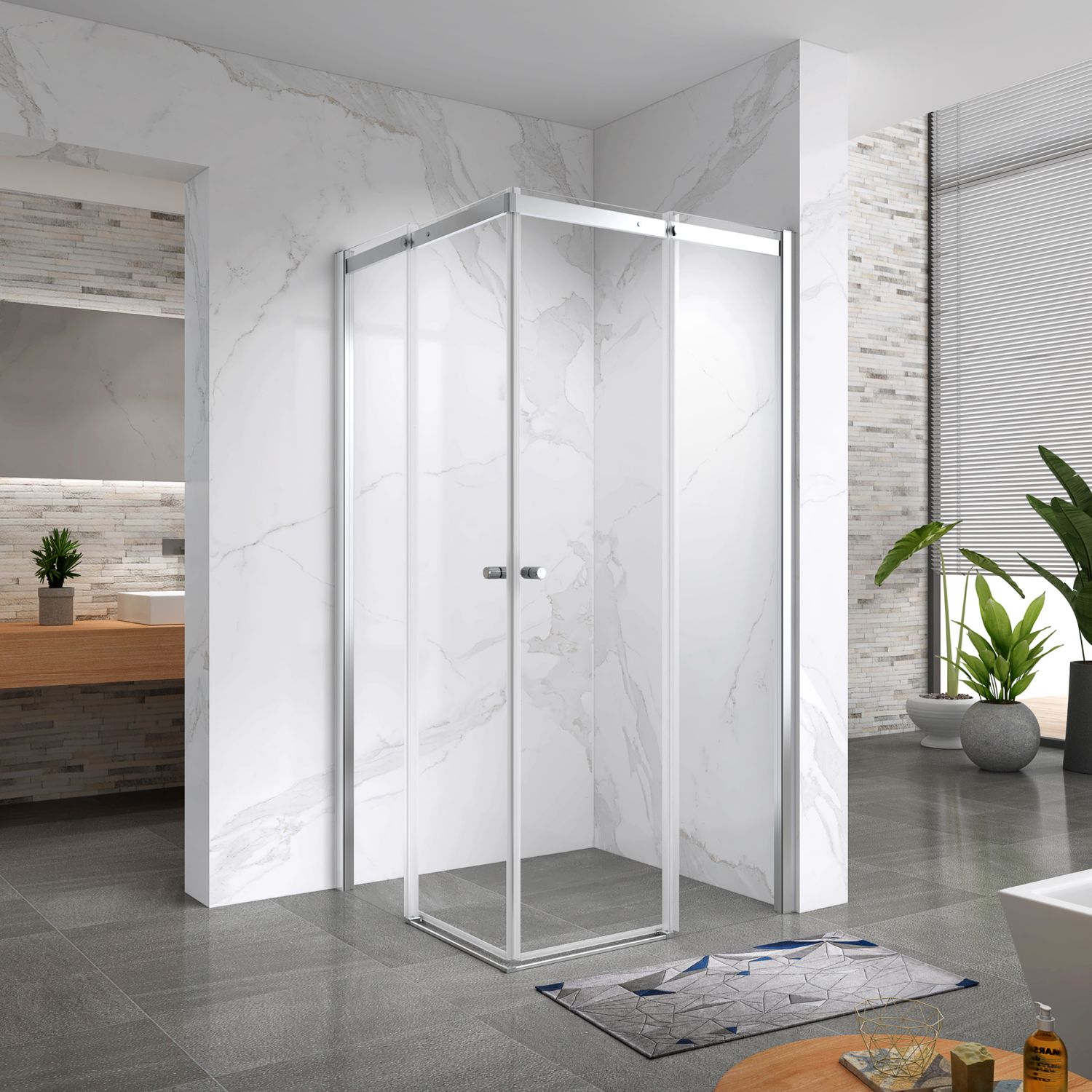 KAYLEE - Cabine de Duche com Porta Deslizante (80-160 cm x 195 cm) com Vidro Transparente 6mm - Entrada de Canto, Porta de Correr e Perfis Cromados KAYLEE - Cabine de Duche com Porta Deslizante (80-160 cm x 195 cm) com Vidro Transparente 6mm - Entrada de Canto, Porta de Correr e Perfis Cromados