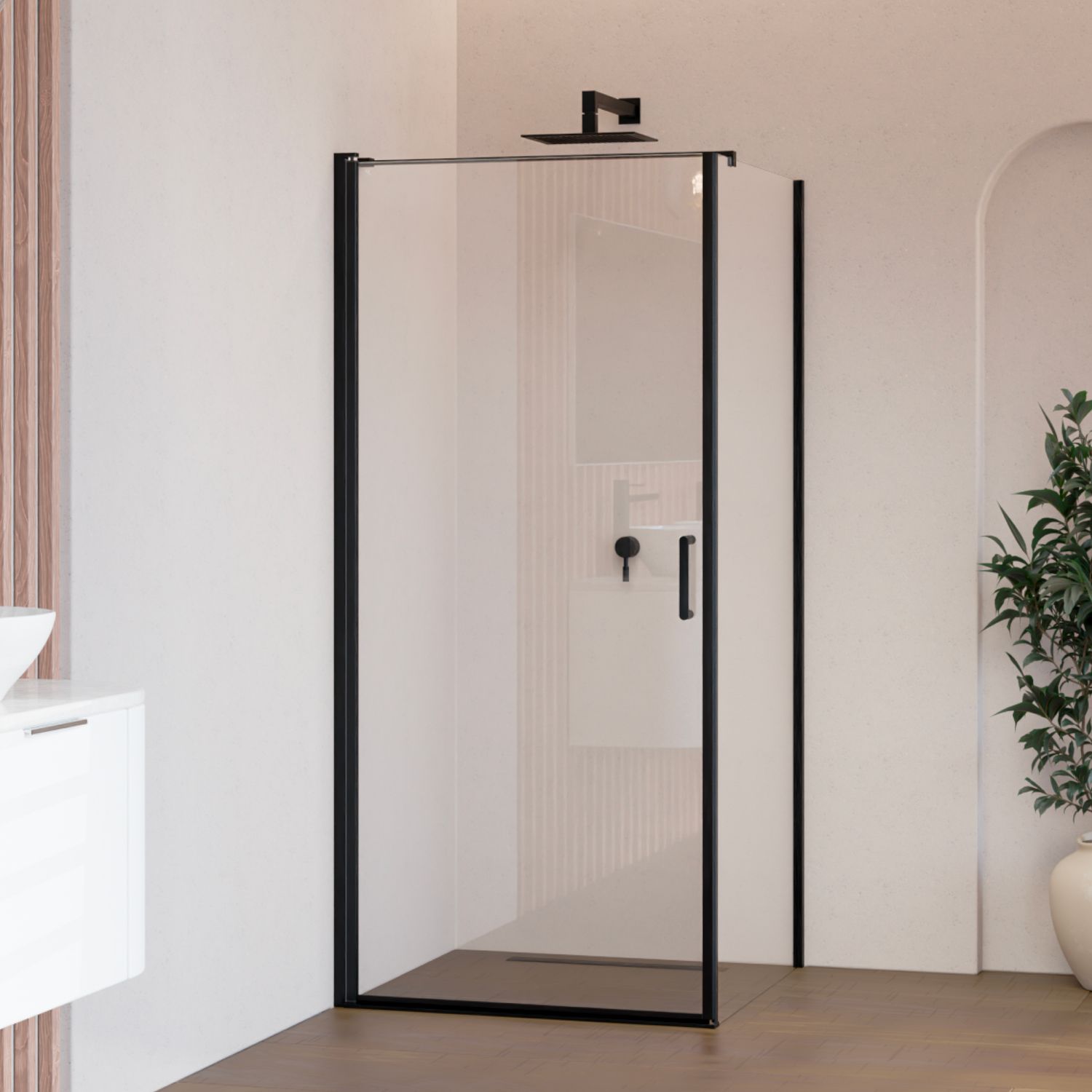 HELLEN - Cabine de Duche (80-100 cm x 190 cm) com Vidro Transparente 6mm - Entrada de Frente, Portas de Abrir e Perfis em Aço Inox Preto