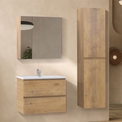 Conjunto de Casa de Banho Atena [60/80/100 cm] com Lavatório Branco Brilhante de Resina Mineral, Móvel com Espelho e Coluna Alta Suspensa para Arrumação