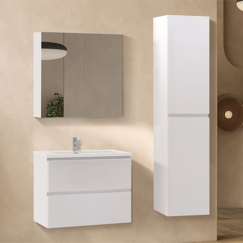 Conjunto de Casa de Banho Atena [60/80/100 cm] com Lavatório Branco Brilhante de Resina Mineral, Móvel com Espelho e Coluna Alta Suspensa para Arrumação