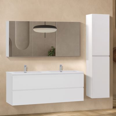 Conjunto de Casa de Banho Atena [120 cm] com Lavatório Branco Brilhante de Resina Mineral, Móvel com Espelho e Coluna Alta Suspensa para Arrumação