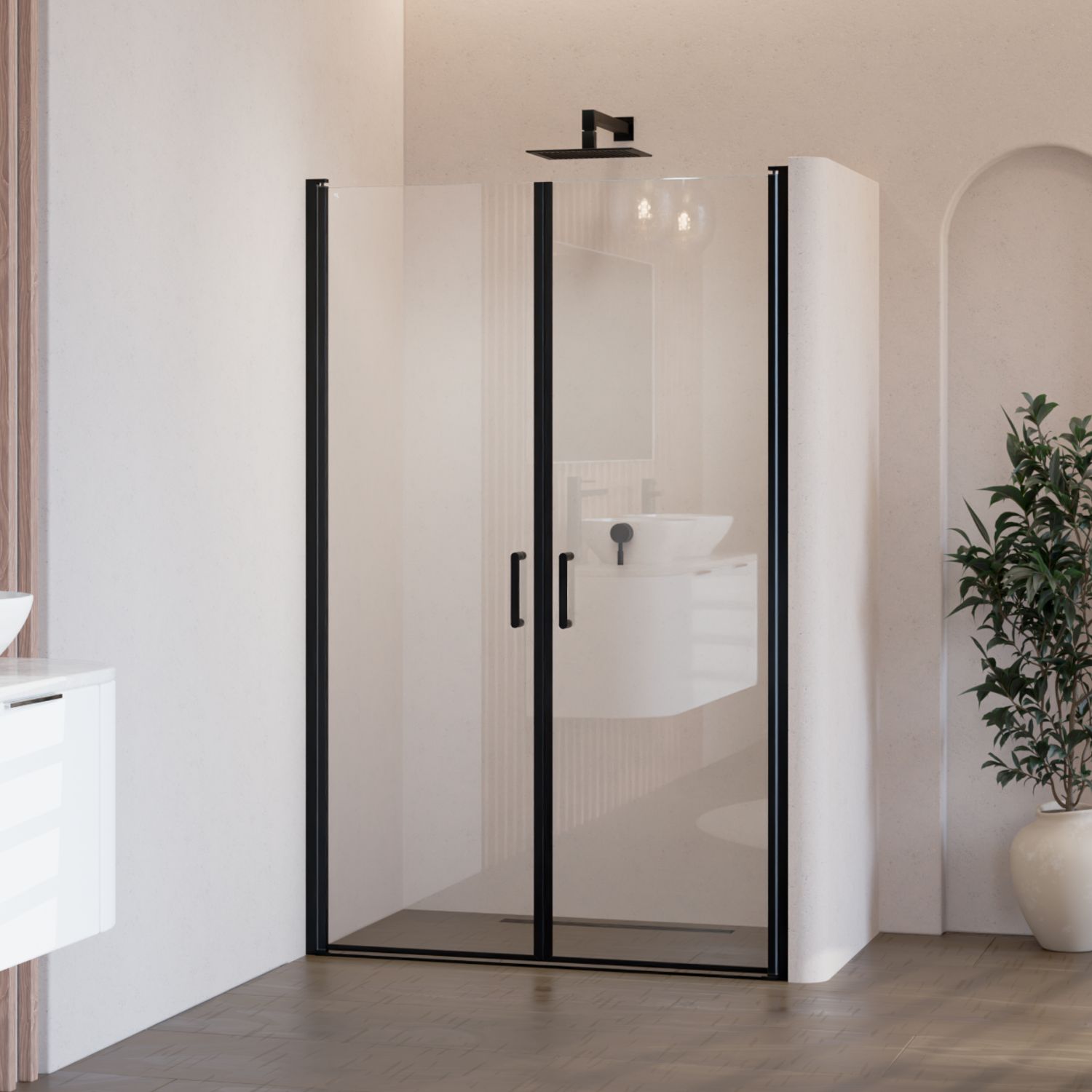 STELLA - Porta de Duche (70-100 cm x 180-190 cm) com Vidro Transparente 6 mm - Portas de Bater e Perfis em Metal Preto