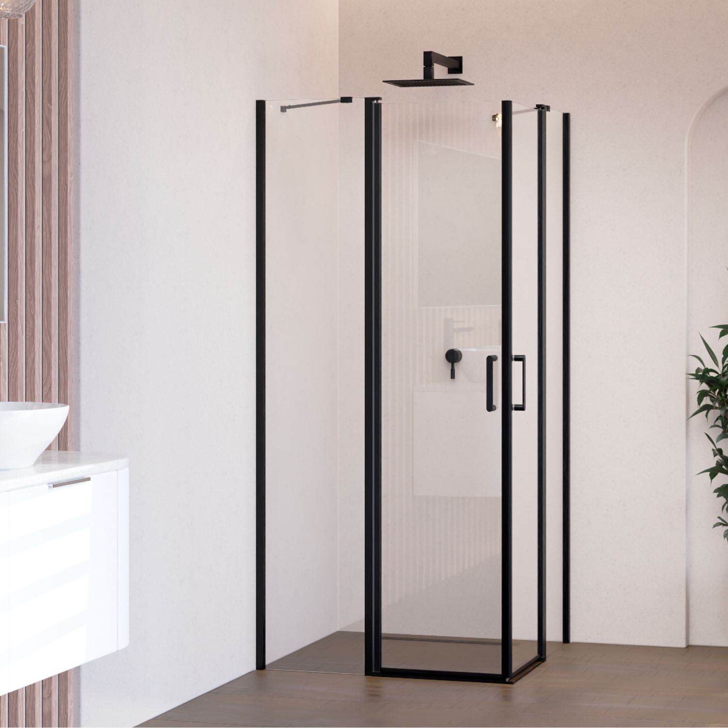 LINDA - Cabine de Duche de Canto (70-120 cm x 180-190 cm) com Transparente 6mm - Portas Articuladas, Barra Estabilizadora e Perfis Pretos
