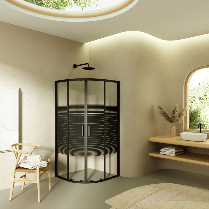 ELLA - Cabine de Duche 1/4 Círculo (80-100 cm x 190 cm) com Vidro Transparente 6mm com linhas pretas - Portas Deslizantes e Perfis em Preto