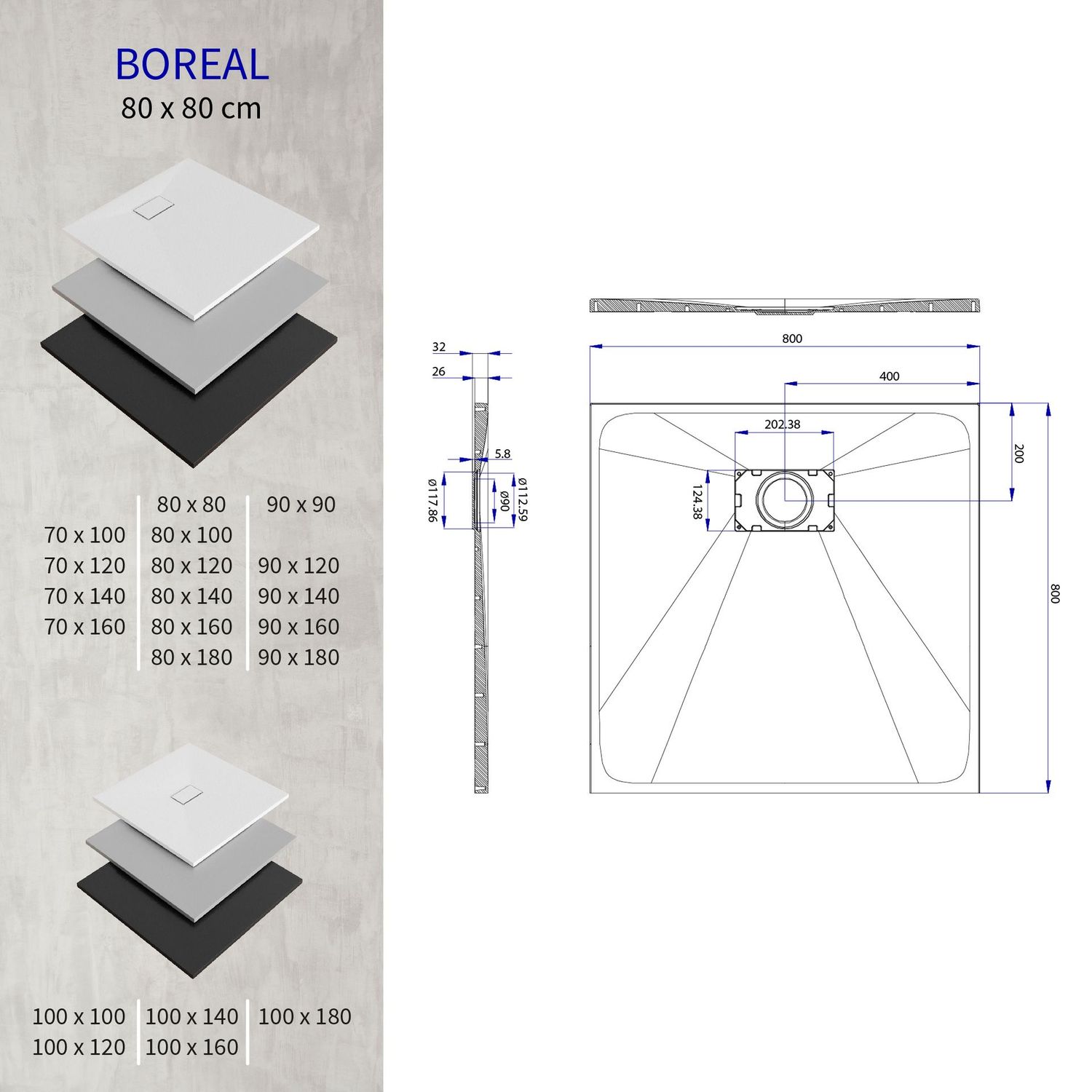 Base de Duche BOREAL| Cor: Preto Base de Duche BOREAL| Cor: Preto, Medidas: 80x80 cm