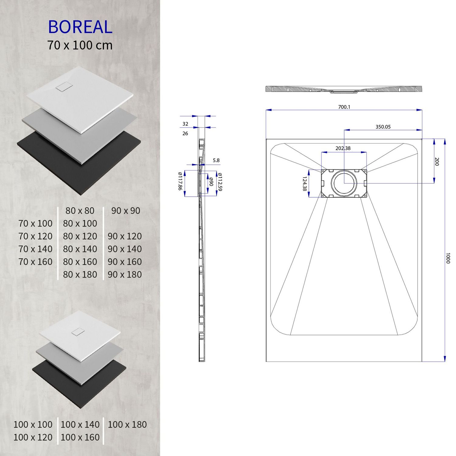 Base de Duche BOREAL | Cor: Cinza Base de Duche BOREAL | Cor: Cinza, Medidas: 70x100 cm