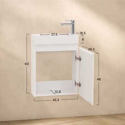 Conjunto Galene Móvel Suspenso de 450cm com Lavatório de Resina Branca Brilhante, MDF Resistente à Água, Porta de Fecho Suave, Compacto e Espelho LED Anti Embaciamento p/ WC Pequeno Conjunto Galene Móvel Suspenso de 450cm com Lavatório de Resina Branca Brilhante, MDF Resistente à Água, Porta de Fecho Suave, Compacto e Espelho LED Anti Embaciamento p/ WC Pequeno