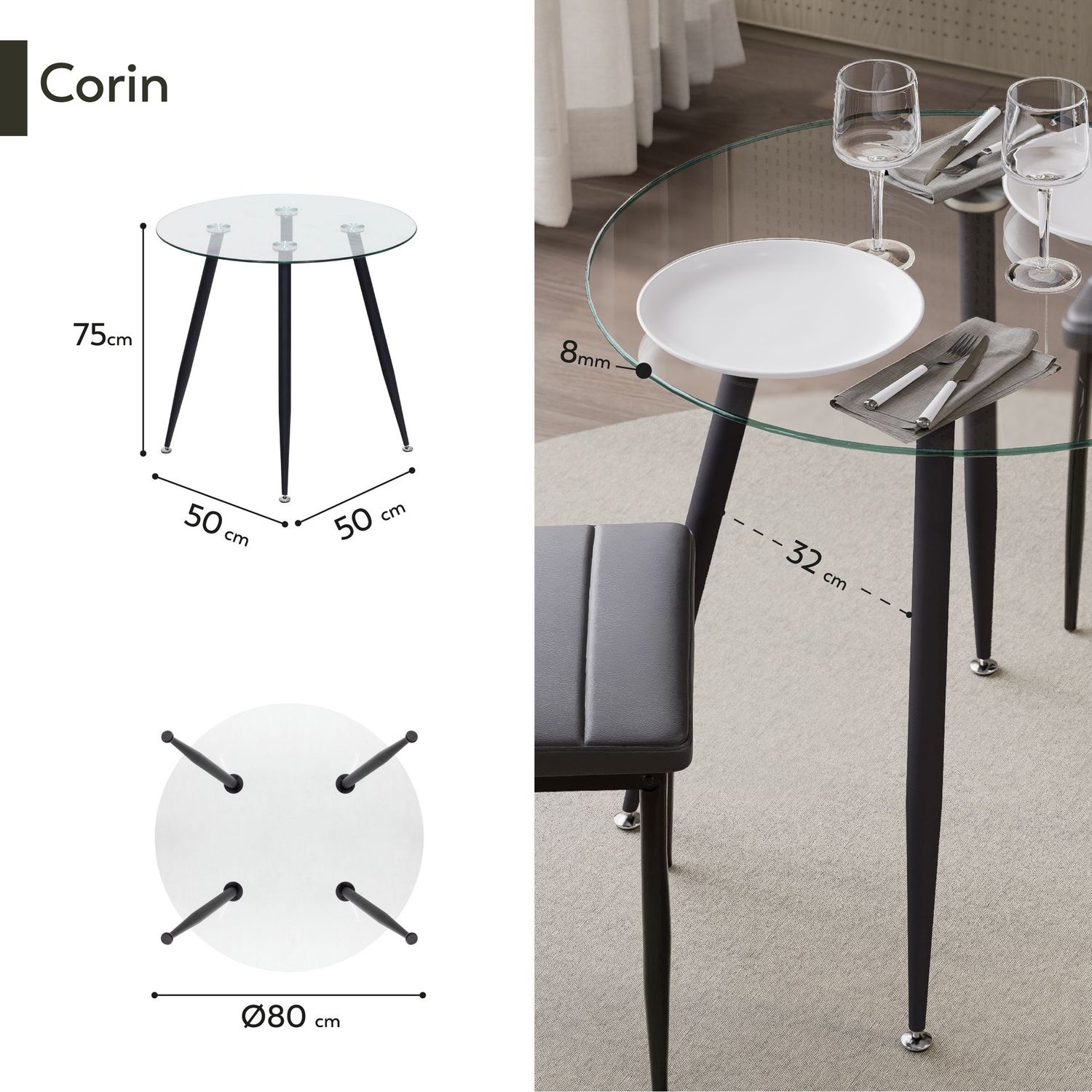 Mesa de Jantar CORIN | Tampo: Vidro | Pernas: Preto Mesa de Jantar CORIN | Tampo: Vidro | Pernas: Preto, Medidas: 80x80x75 cm