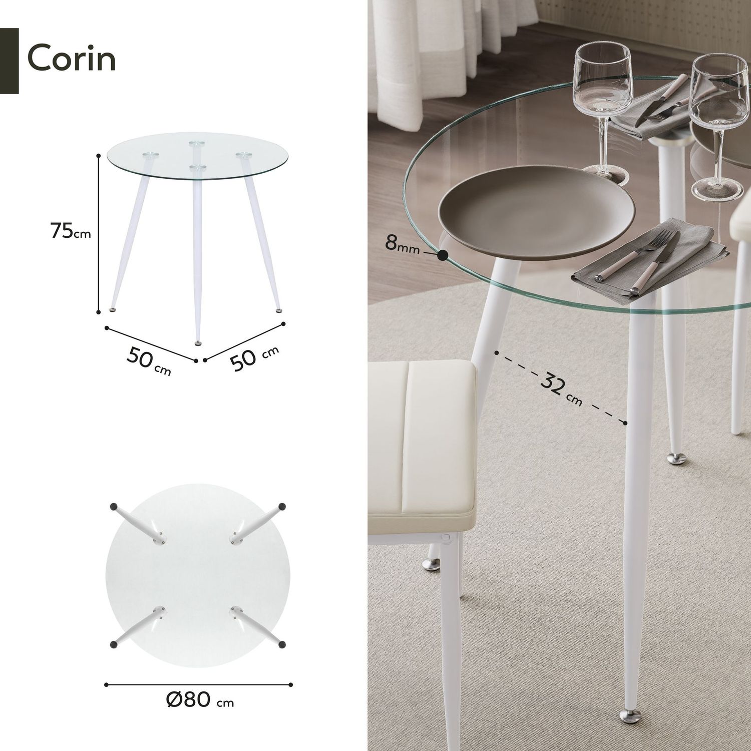 Mesa de Jantar CORIN | Tampo: Vidro | Pernas: Branco Mesa de Jantar CORIN | Tampo: Vidro | Pernas: Branco, Medidas: 80x80x75 cm
