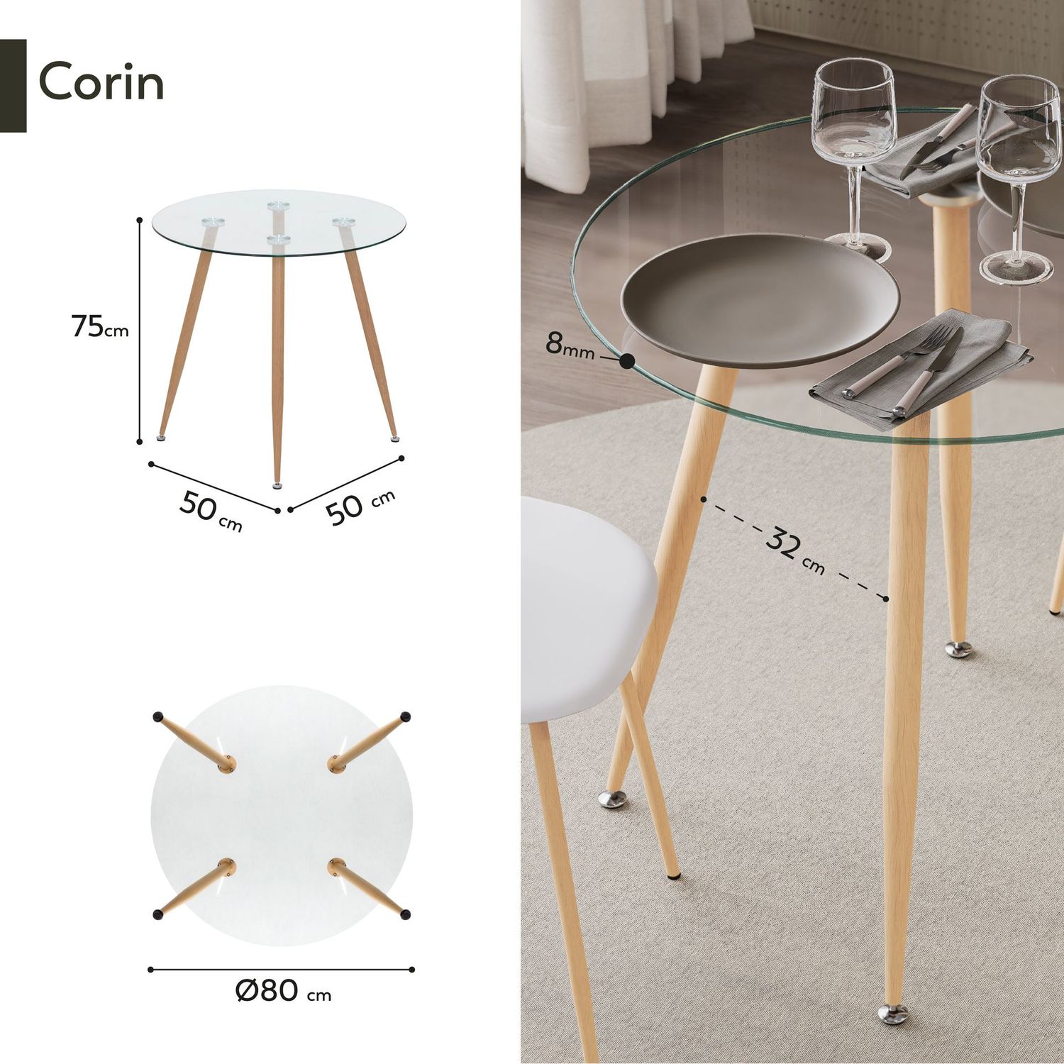 Mesa de Jantar CORIN | Tampo: Vidro | Pernas: Madeira Mesa de Jantar CORIN | Tampo: Vidro | Pernas: Madeira, Medidas: 80 x 80 x 75 cm
