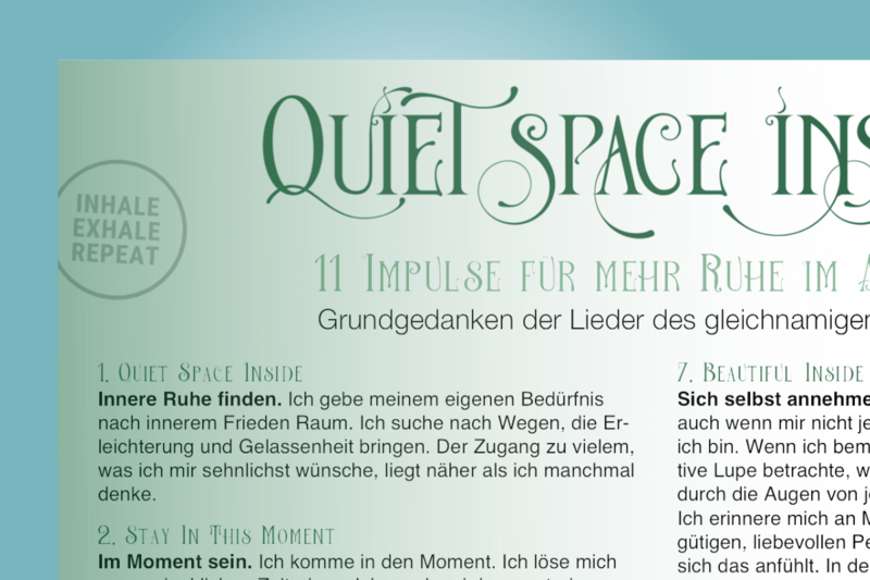 'Quiet Space Inside' Poster mit Gedanken zu den Liedern.