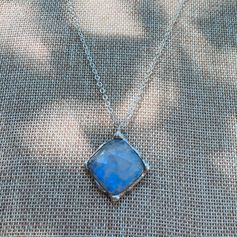 Blue Flash Rainbow Moonstone Necklace 