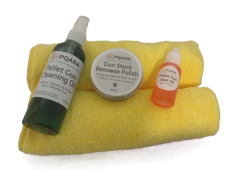 PQARA Gun Cleaning Kit - Includes Bees Wax Polish 50ml, Gun Cleaning Oil Spray 100ml, Pellet Gun Seal Oil 25ml &amp; 2 x Premium Cloths