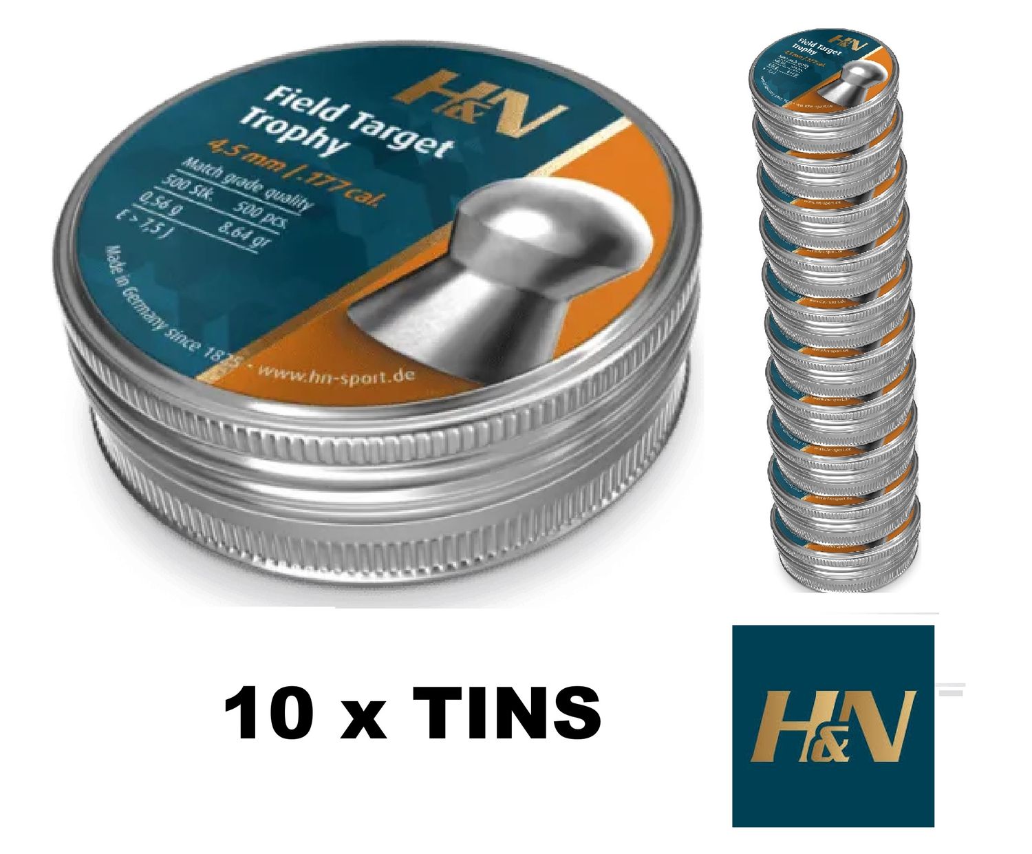 H&amp;N Field Target Trophy Airgun Pellets .177 cal 4.52mm 10 Tins x 500 pcs