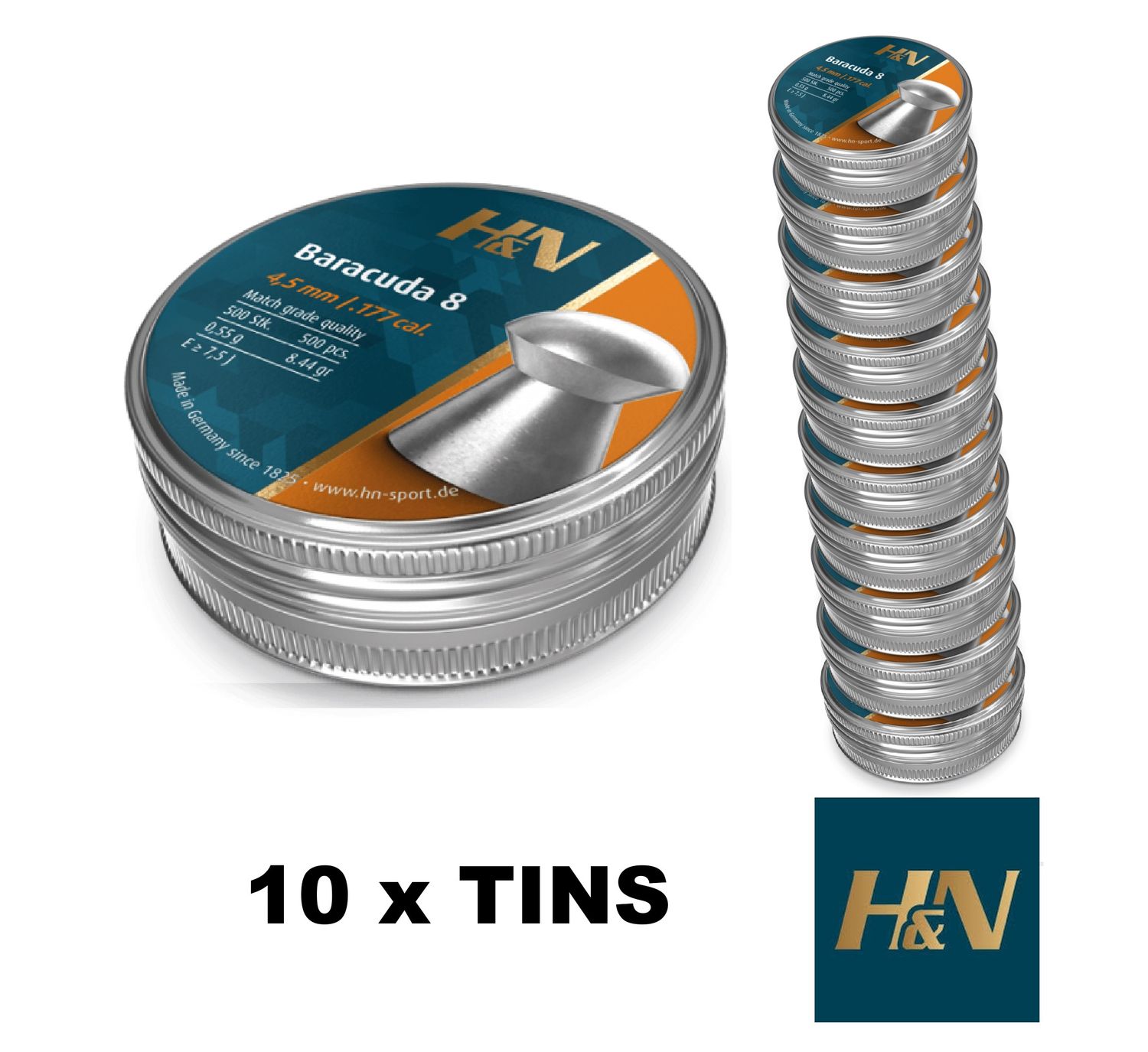 H&amp;N Baracuda 8s Airgun Pellets .177 cal 4.51mm 10 Tins x 500 pcs
