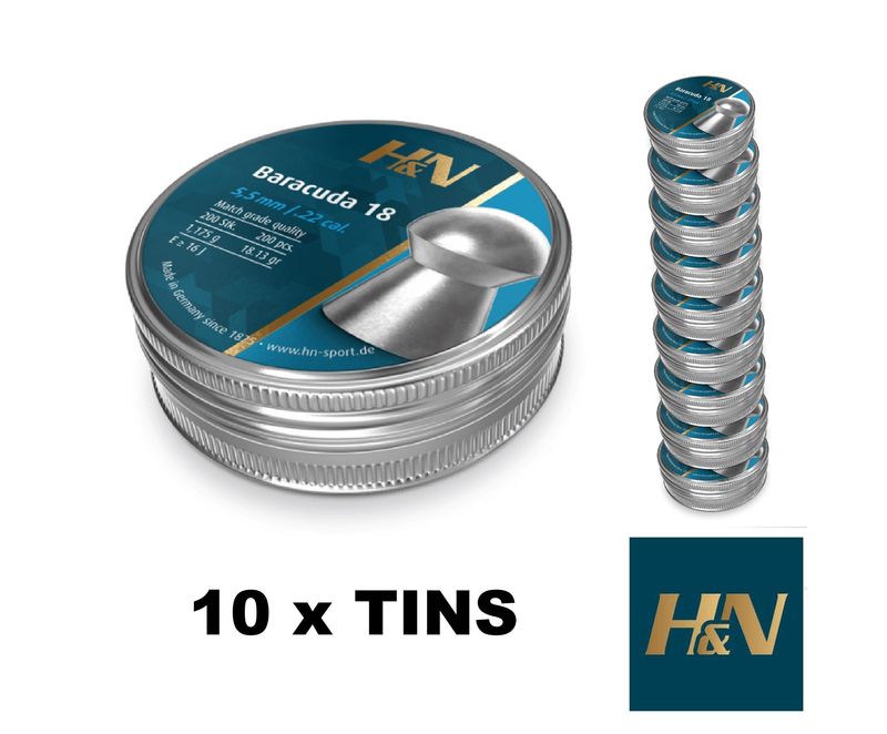 H&amp;N Baracuda 18s Airgun Pellets .22 cal 5.52mm 10 Tins x 200 pcs