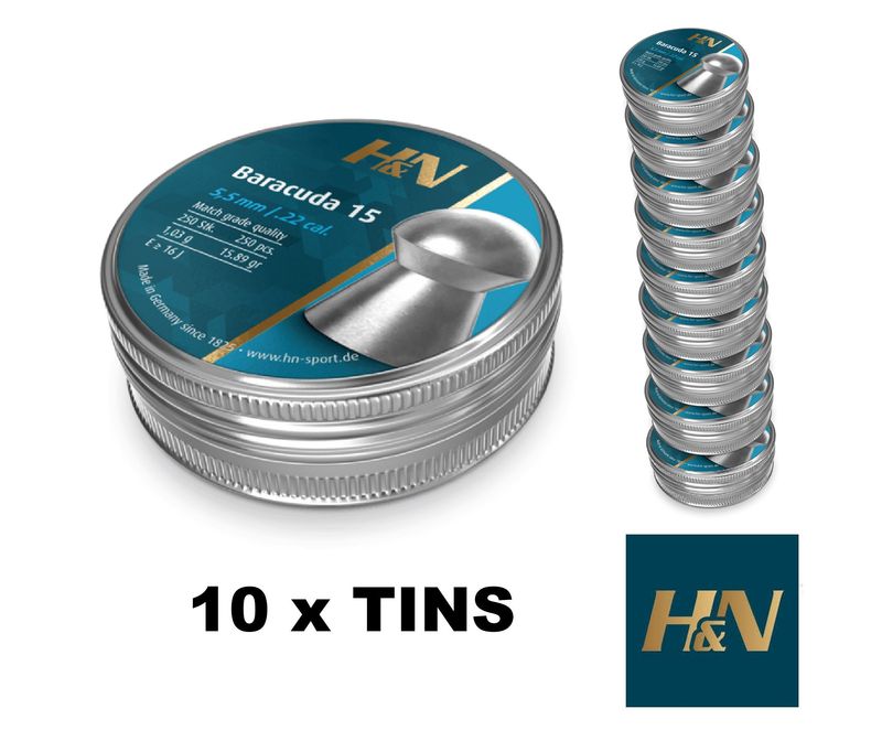 H&amp;N Baracuda 15s Airgun Pellets .22 cal 5.52mm 10 Tins x 250 pcs