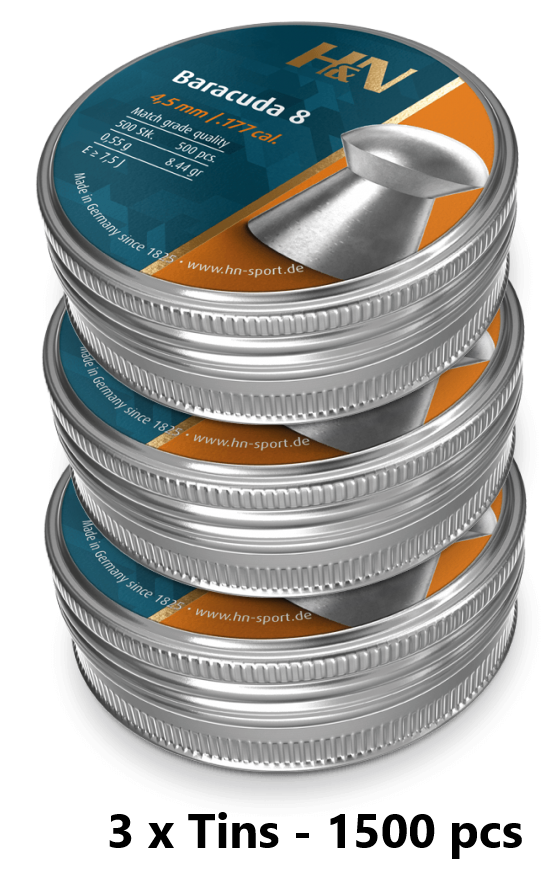 H&amp;N Baracuda 8s Airgun Pellets .177 cal 4.51mm 3 x Tins - 1500 pcs