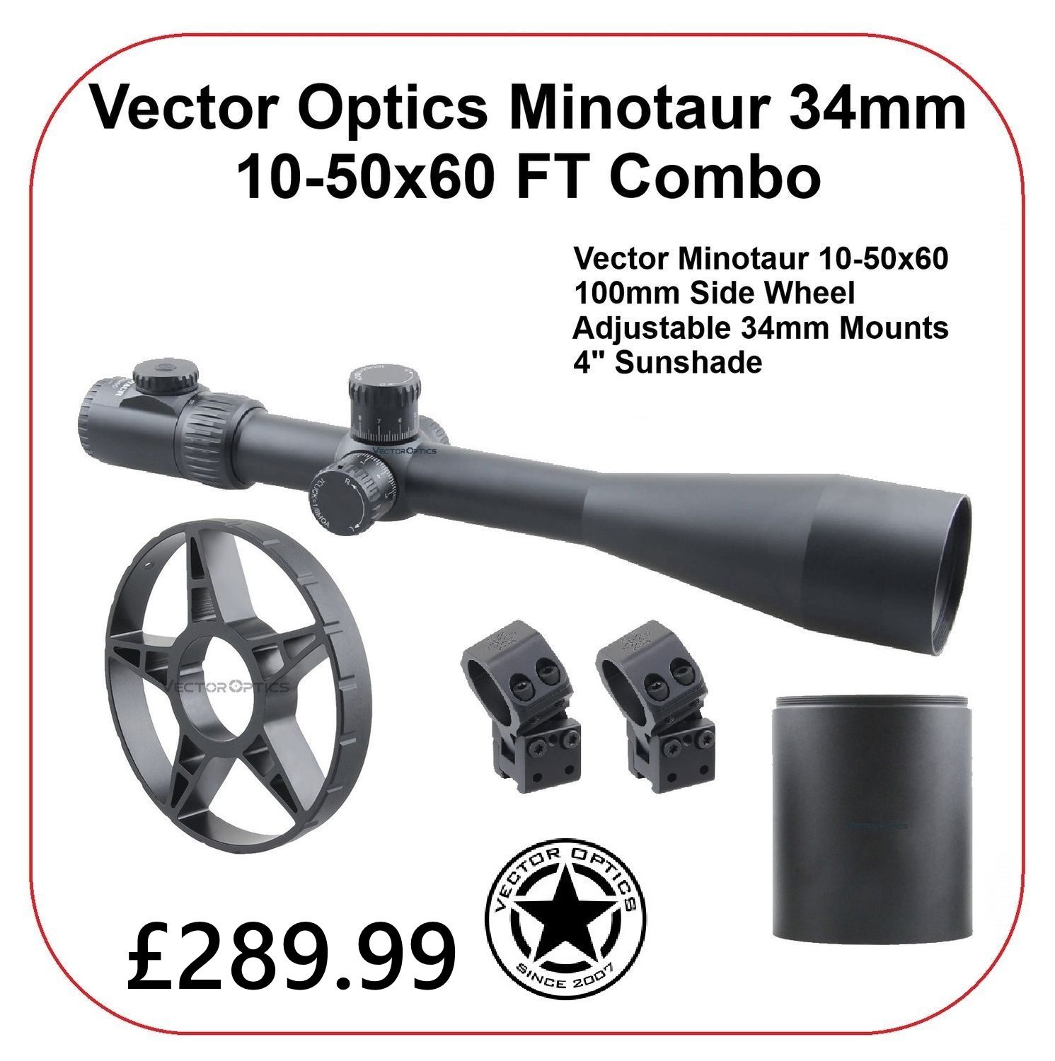 Vector Optics SCOL-39 Minotaur 10-50x60 FT GenII MFL SFP Riflescope, Large Side Wheel &amp; X-ACCU Adjustable Mounts