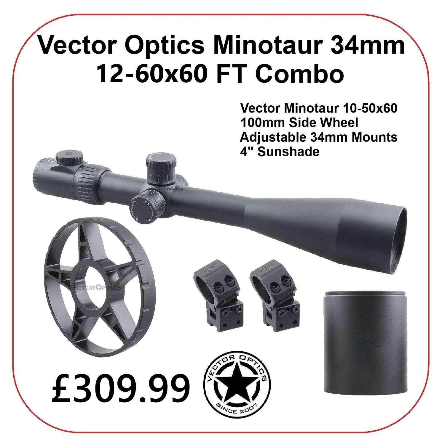 Vector Optics SCOL-40 Minotaur 12-60x60 FT GenII MFL SFP Riflescope, Large Side Wheel &amp; X-ACCU Adjustable Mounts