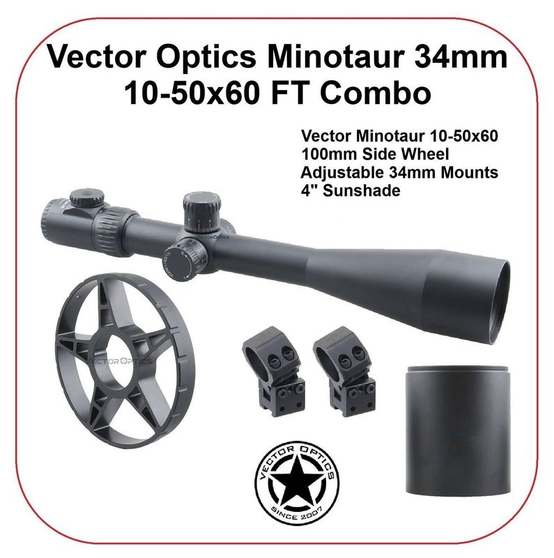 Vector Optics SCOL-39 Minotaur 10-50x60 FT GenII MFL SFP Riflescope, Large Side Wheel &amp; X-ACCU Adjustable Mounts