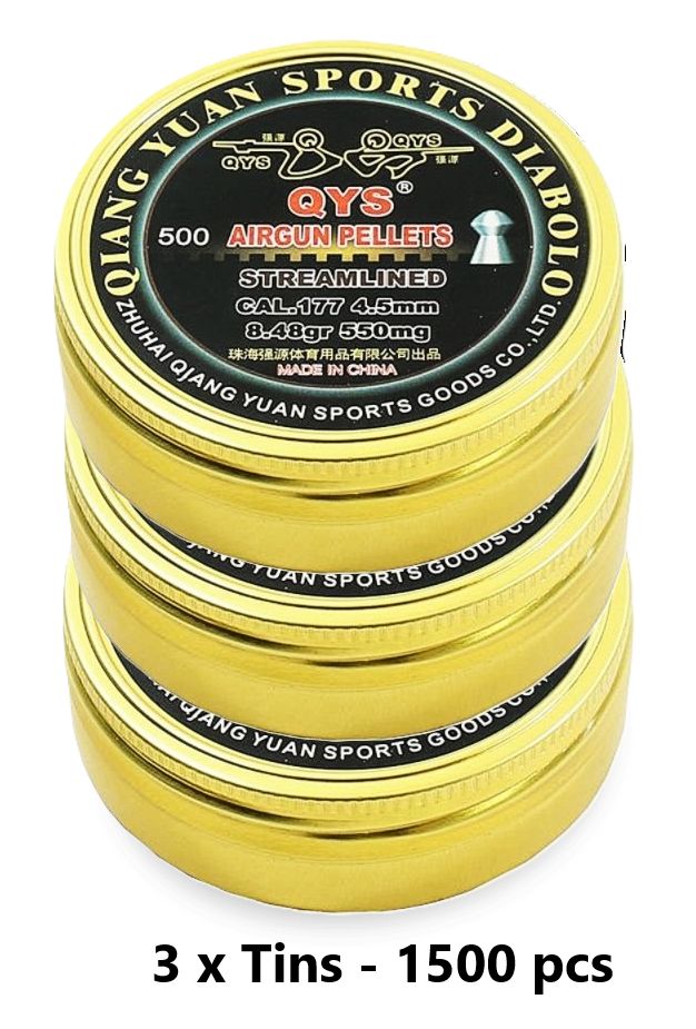 QYS Streamlined .177 Airgun Pellet 8.48gr 4.49 3 x Tins -1500 pcs