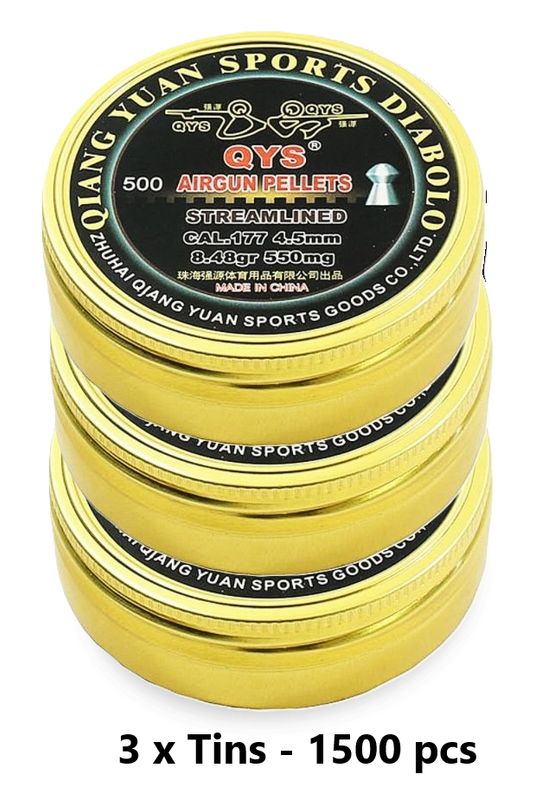 QYS Streamlined .177 Airgun Pellet 8.48gr 4.49 3 x Tins -1500 pcs