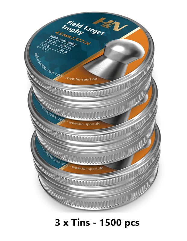 H&amp;N Field Target Trophy Airgun Pellets .177 cal 4.52mm 3 x Tins - 1500 pcs