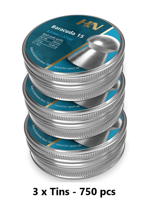 H&amp;N Baracuda 15s Airgun Pellets .22 cal 5.52mm 3 Tins - 750 pcs