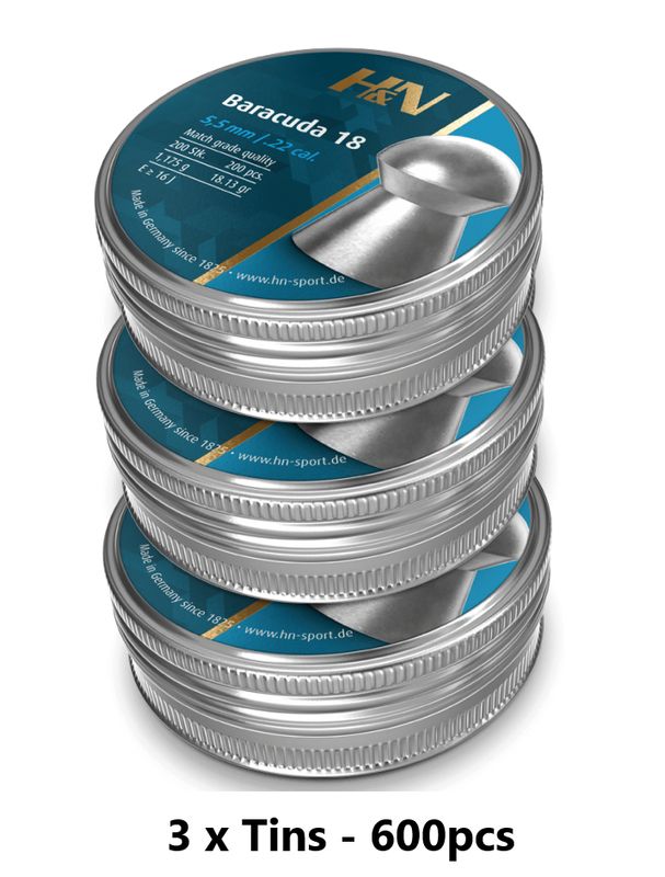 H&amp;N Baracuda 18s Airgun Pellets .22 cal 5.52mm 3 x Tins - 600 pcs