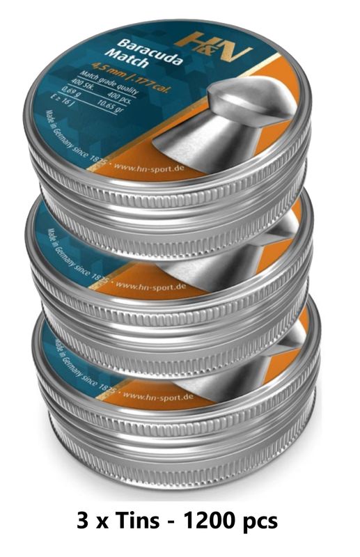 H&N Baracuda Match Airgun Pellets 4.51 - .177 cal 3 x Tins - 1200 pcs H&N Baracuda Match Airgun Pellets 4.51 - .177 cal 3 x Tins - 1200 pcs