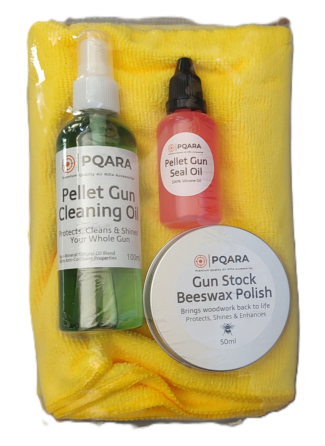 PQARA Gun Cleaning Kit - Includes Bees Wax Polish 50ml, Gun Cleaning Oil Spray 100ml, Pellet Gun Seal Oil 25ml & 2 x Premium Cloths PQARA Gun Cleaning Kit - Includes Bees Wax Polish 50ml, Gun Cleaning Oil Spray 100ml, Pellet Gun Seal Oil 25ml & 2 x Premium Cloths