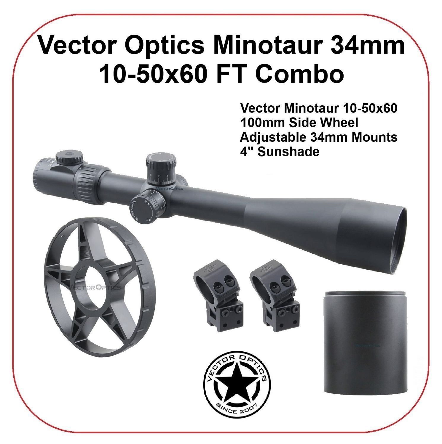 Vector Optics SCOL-39 Minotaur 10-50x60 FT GenII MFL SFP Riflescope, Large Side Wheel & X-ACCU Adjustable Mounts Vector Optics SCOL-39 Minotaur 10-50x60 FT GenII MFL SFP Riflescope, Large Side Wheel & X-ACCU Adjustable Mounts