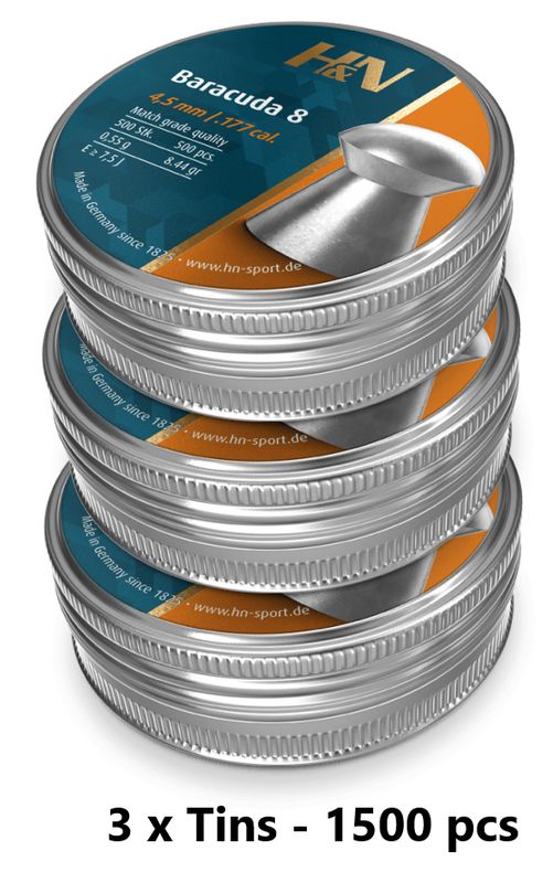 H&N Baracuda 8s Airgun Pellets .177 cal 4.51mm 3 x Tins - 1500 pcs H&N Baracuda 8s Airgun Pellets .177 cal 4.51mm 3 x Tins - 1500 pcs