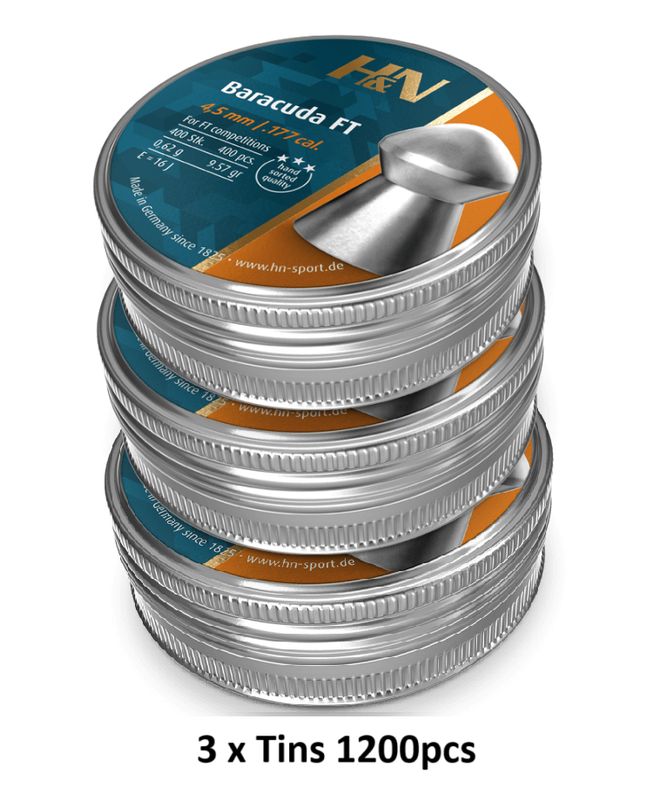 H&N Baracuda FT Airgun Pellets .177 cal 4.51 3 x Tins 1200 pcs H&N Baracuda FT Airgun Pellets .177 cal 4.51 3 x Tins 1200 pcs