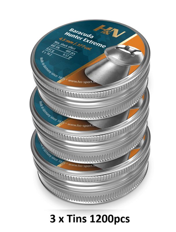 H&N Baracuda Hunter Extreme Airgun Pellets .177cal 3 x Tins 1200 pcs H&N Baracuda Hunter Extreme Airgun Pellets .177cal 3 x Tins 1200 pcs