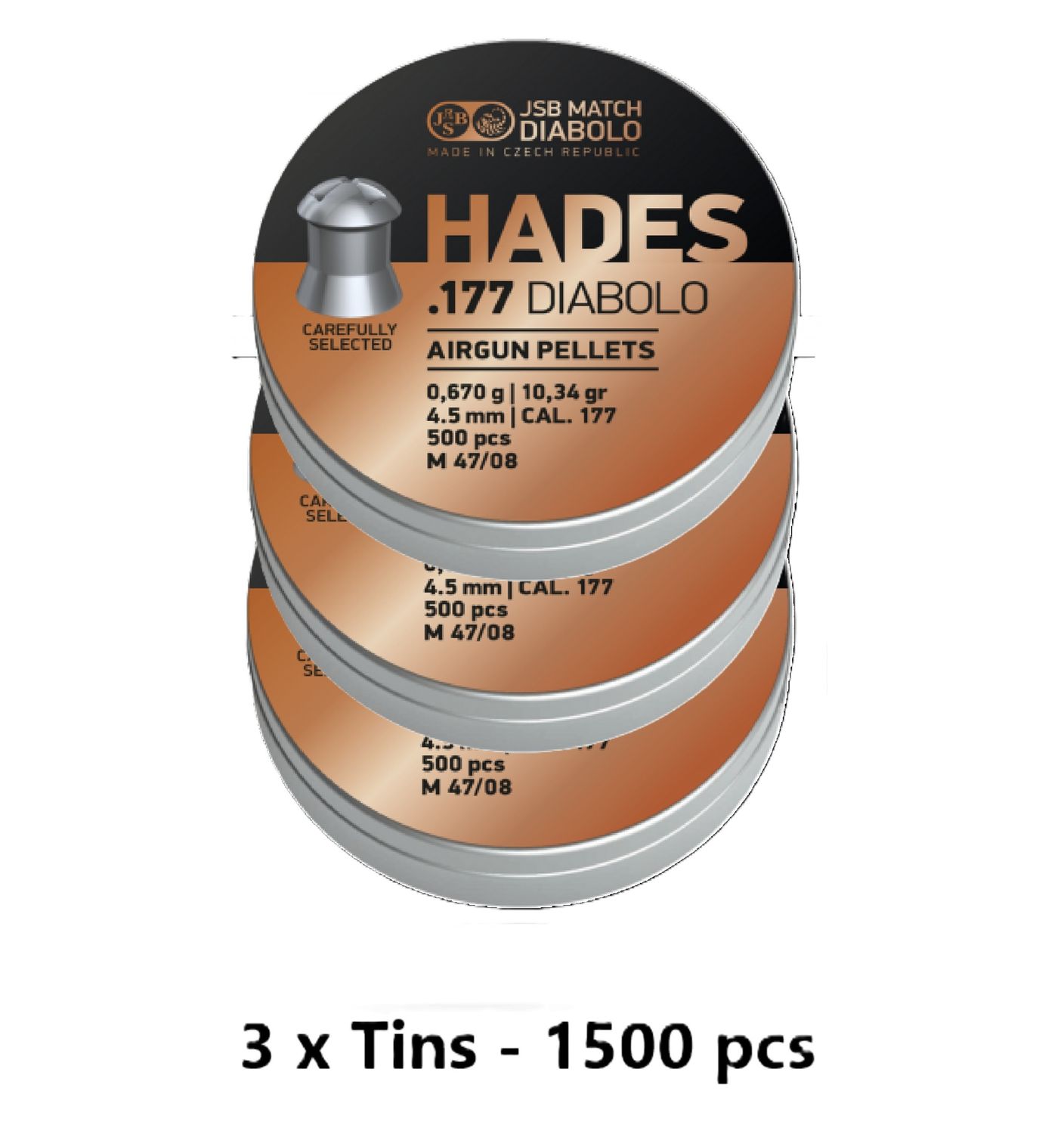 JSB Hades Airgun Pellets .177 3 Tins x 500 pcs - 1500pcs JSB Hades Airgun Pellets .177 3 Tins x 500 pcs - 1500pcs