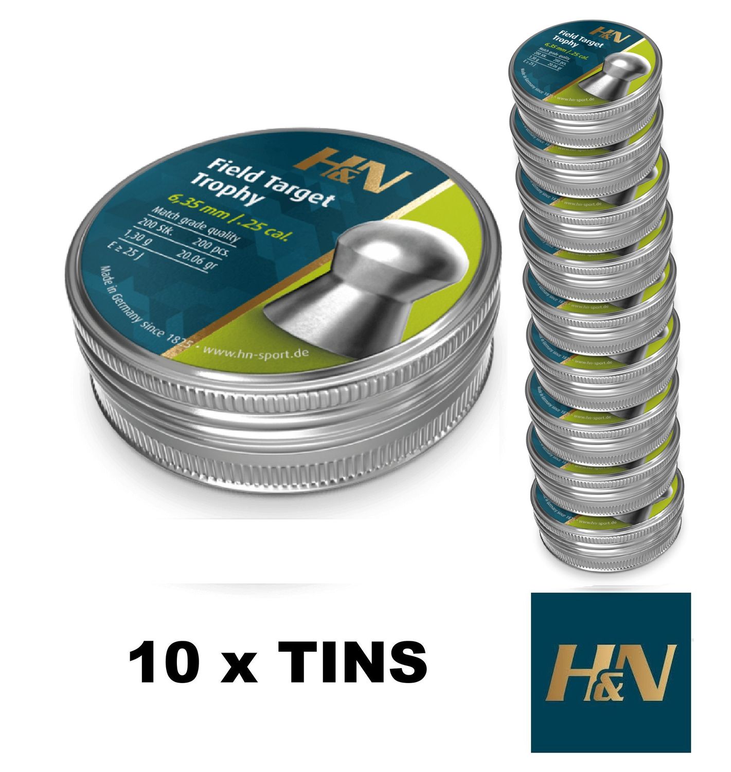 H&N Field Target Trophy Airgun Pellets .25 cal 6.35mm 10 x Tins 2000pcs H&N Field Target Trophy Airgun Pellets .25 cal 6.35mm 10 x Tins 2000pcs