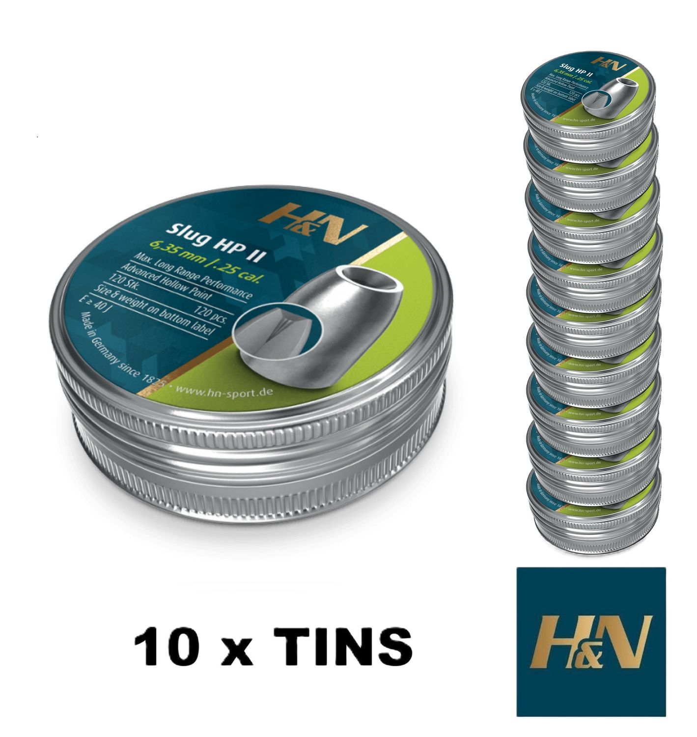 Slug HP II 28 gr.25 cal. Air Rifle Pellet 10 x Tins 1200pcs Slug HP II 28 gr.25 cal. Air Rifle Pellet 10 x Tins 1200pcs